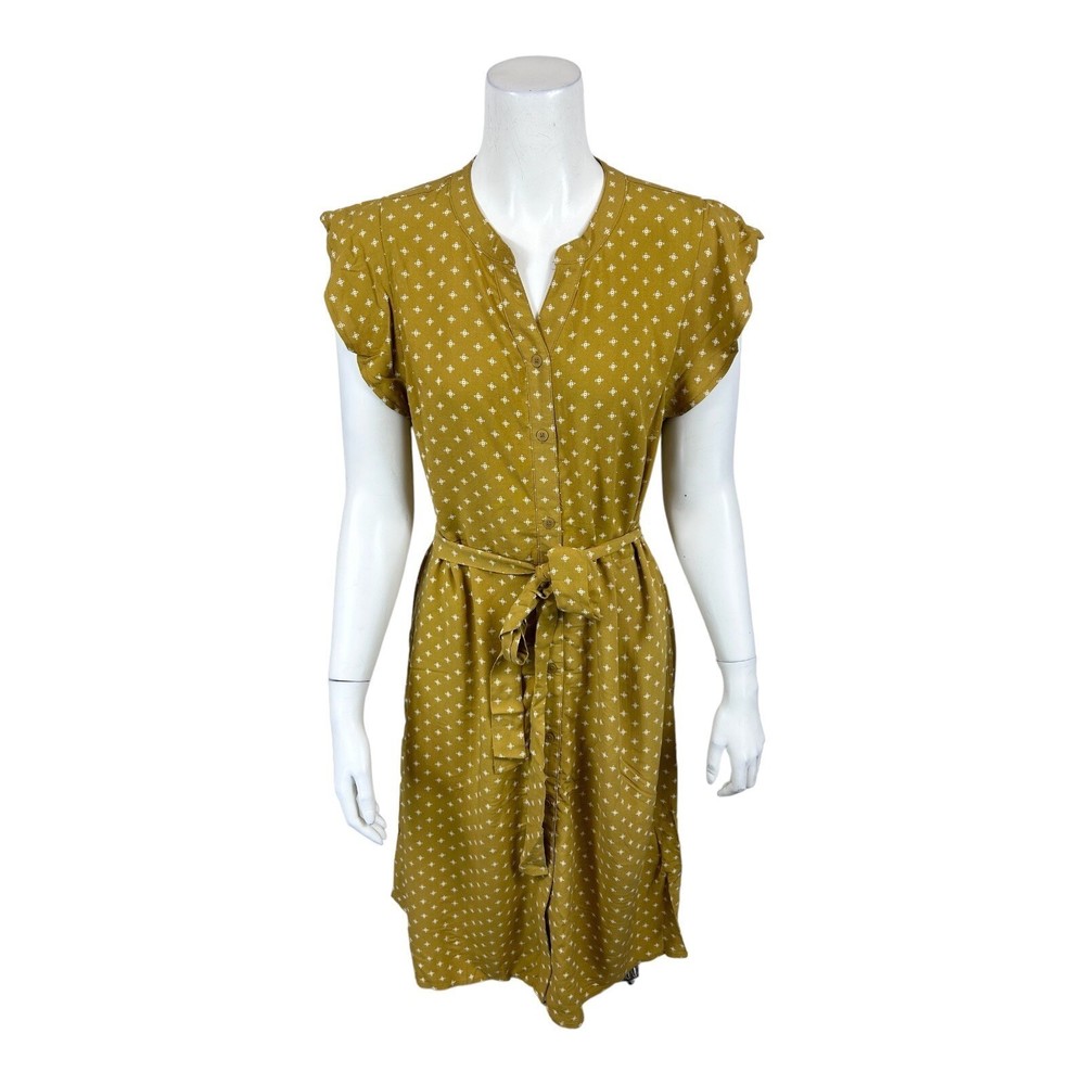 Denim & Co. Women's Printed Flutter-Sleeves Belted Shirtdress Gold Large Size
